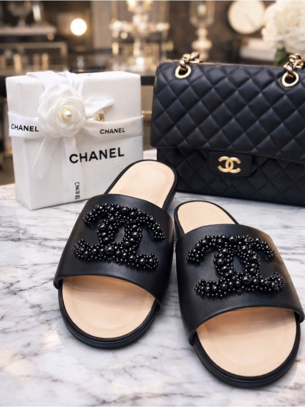 CHANEL 2019 CC Black Leather Mules with Pearl Embellishment - Sz 7.5-8